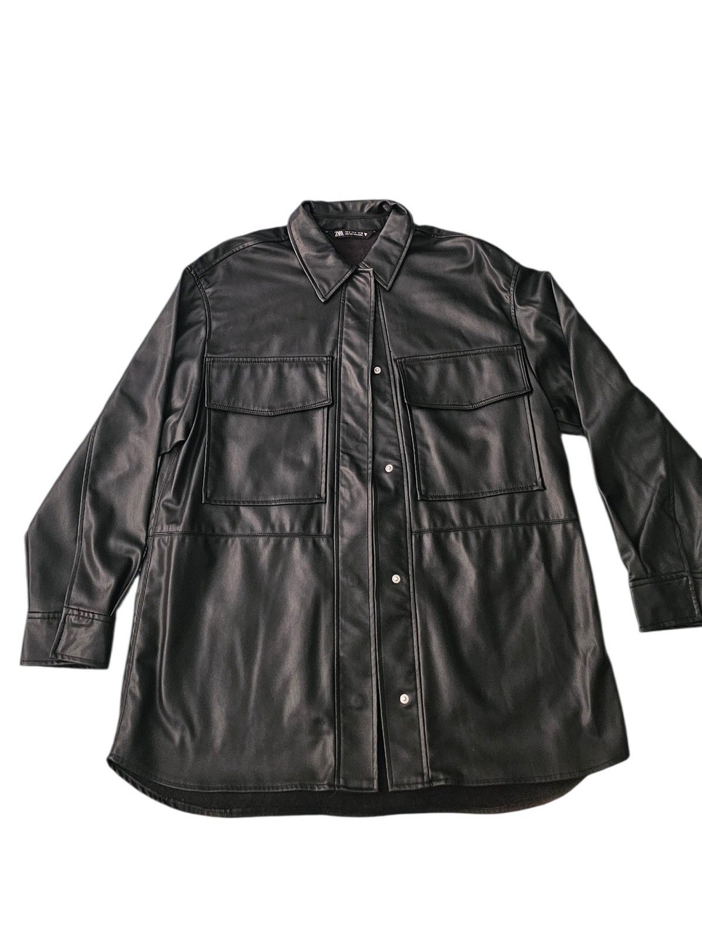 Zara Black Faux Leather Oversized Shirt Jacket